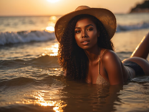 African american girl in swimwear lying on white sandy beach. Sexy dark skinned model with perfect body rests and has good time on summer holidays. Concept travel, vacation, swimsuit