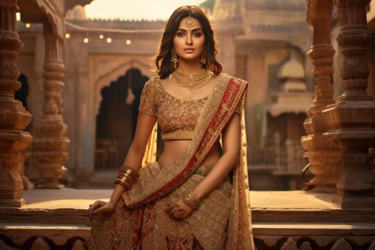 Indian ethnic beautiful young woman wearing traditional costumes and jewellery in the background of Indian traditional architecture