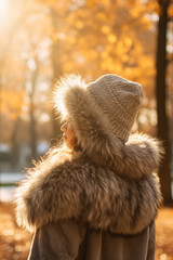 A girl in a fur hat and fur scarf standing in profile against the background of a sunny autumn park
