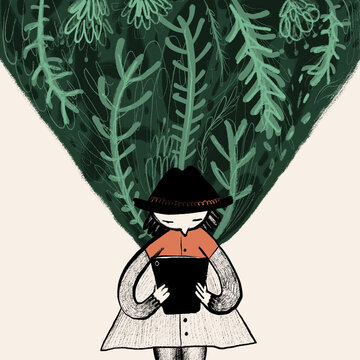 Vector illustration of woman with pot against green tree