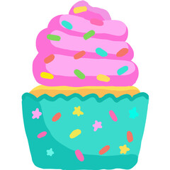 pink cupcake with icing, cupcake with sprinkles line art doodle