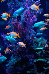 Fototapeta na wymiar Banner. many exotic neon fish on the background of kelp algae in azure tones
