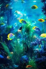 Obraz na płótnie Canvas Banner. many exotic neon fish on the background of kelp algae in azure tones