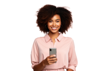 A beautiful young black woman holding a phone isolated on transparent background.