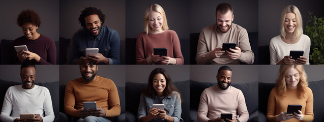 Collage of smiling multiethnic people using smartphones while relaxing in armchair at home. Online communication. Diverse women and men browsing internet on mobile phones.