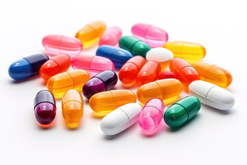 Colorful drug pills on white background. Harmaceutical concept.