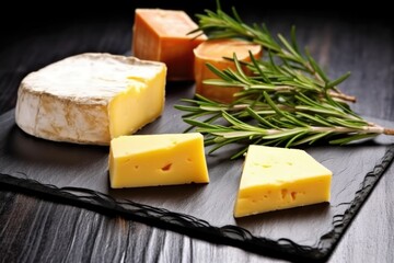 smoked cheese with sprigs of rosemary on slate