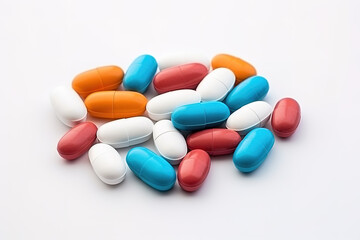 Colorful drug pills on white background. Harmaceutical concept.