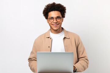 Smart young mixed-race student using laptop isolated over white background.