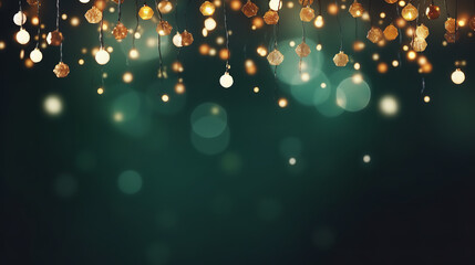 Holiday illumination and decoration concept - christmas garland bokeh lights over dark green background