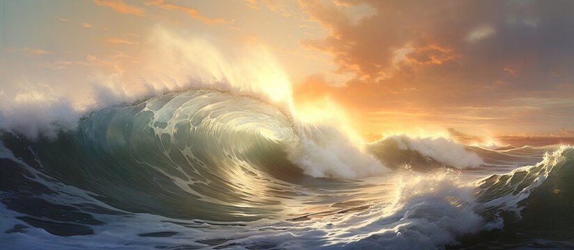 Beautiful view of the huge breaking wave of the sea at sunset. AI generated image