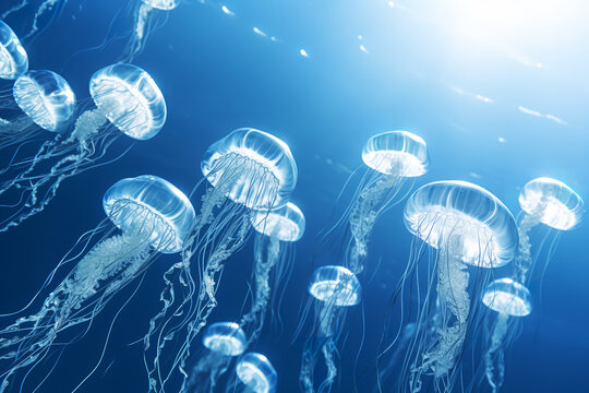 Many beautiful blue jellyfish swimming in clear water
