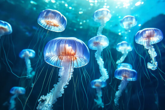 Many beautiful blue jellyfish swimming in clear water