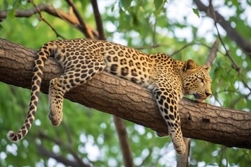 the flicking tail of a leopard as it purrs on a tree branch