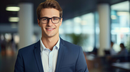 Fototapeta premium Portrait of smiling young businessman standing in office.