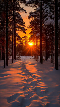 Photograph of a winter solstice, the sun rising through the pine trees, snowy day