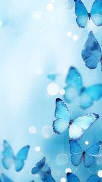 Photograph of light blue and silver butterflies, plain background with bokeh light effect