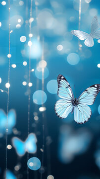 Photograph of light blue and silver butterflies, plain background with bokeh light effect