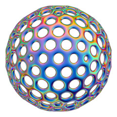 Iridescent geometric 3D shape isolated on a transparent background. Trendy abstract holographic design element.