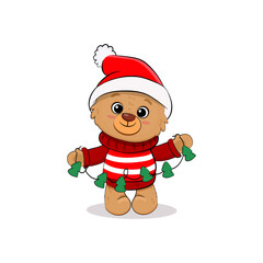 Cute cartoon bear cub isolated on white background. Christmas card with teddy bear.