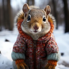 Trail cam photo of squirrel wearing colorful sequined Christmas sweater in the snow, AI generated - obrazy, fototapety, plakaty