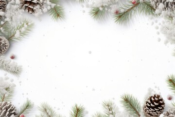 Naklejka na ściany i meble Top view of white template, mockup on a festive snowy background of fir tree, cones and snowflakes