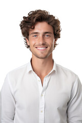 A happy handsome, young brunette man wearing eyeglasses and shirt isolated on transparent background.