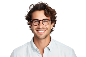 A happy handsome, young brunette man wearing eyeglasses and shirt isolated on transparent background.