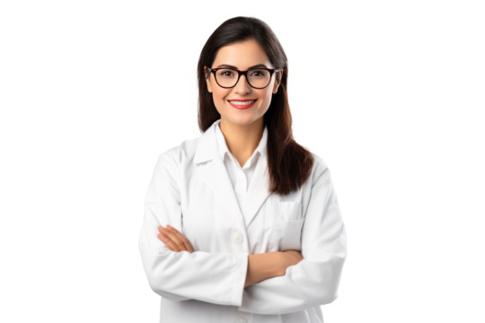 A happy female pharmacist standing with your arms crossed with confidence isolated on transparent background. - Powered by Adobe
