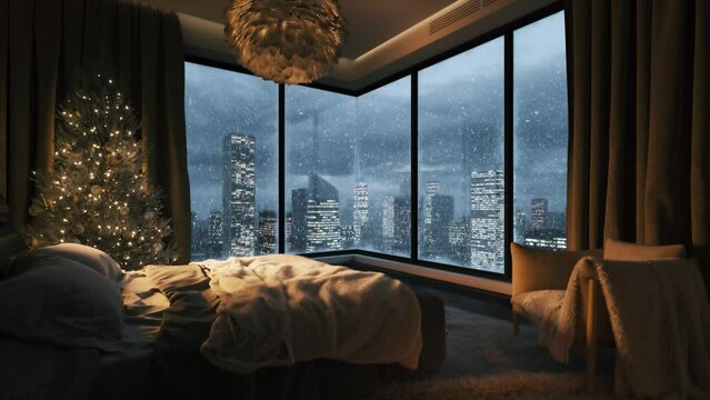 Cozy bedroom with snow outside the window. View from bedroom to the night city. Cozy bedroom with beautiful city view. Snowstorm at the night cityscape. 3d animation