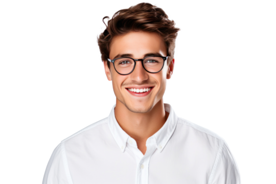 A happy handsome, young brunette man wearing eyeglasses and shirt isolated on transparent background.