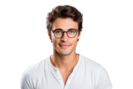 A happy handsome, young brunette man wearing eyeglasses and shirt isolated on transparent background.