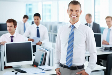 Smiling business team standing in office.