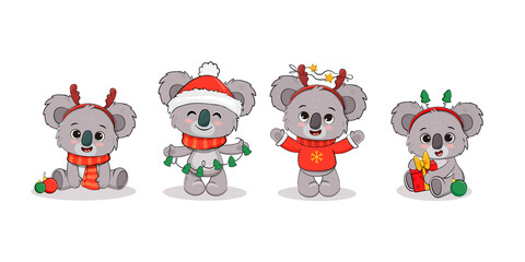 Cute cartoon koala cub isolated on white background. Christmas card with koala bear and gift.  © Alina
