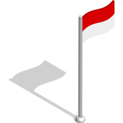 Isometric flag of Republic of Indonesia in motion on flagpole. National banner flutters in wind. PNG image on transparent background