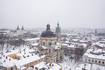 Naklejka premium Panoramic view on Lviv in winter from drone