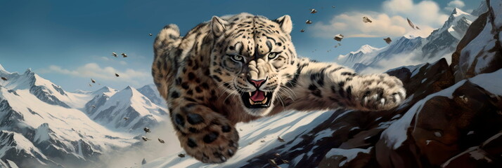 Obraz premium snow leopard navigating rocky terrain, perfectly adapted to its surroundings, as it moves closer to its prey with utmost care.