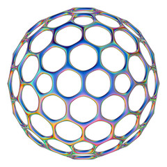 Iridescent geometric 3D shape isolated on a transparent background. Trendy abstract holographic design element.