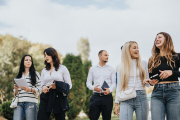 University students study in a sunny park, discussing topics, helping each other, and solving tasks. Their teamwork leads to better results and improved knowledge.