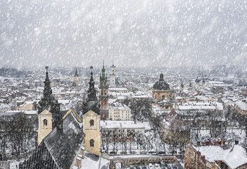 Obraz premium Panoramic view on Lviv in winter from drone