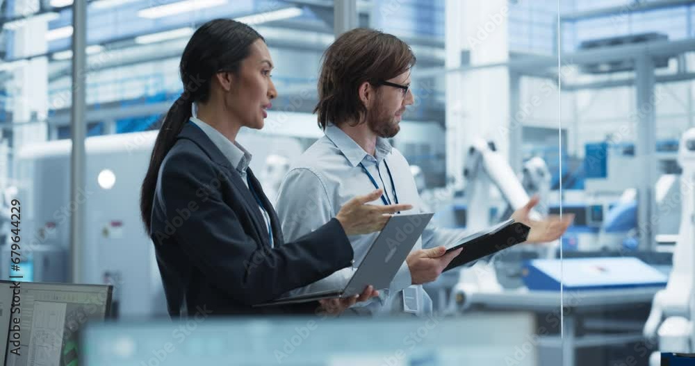 Aufkleber industrial engineers working at a technology factory. caucasian man and asian female using laptop an