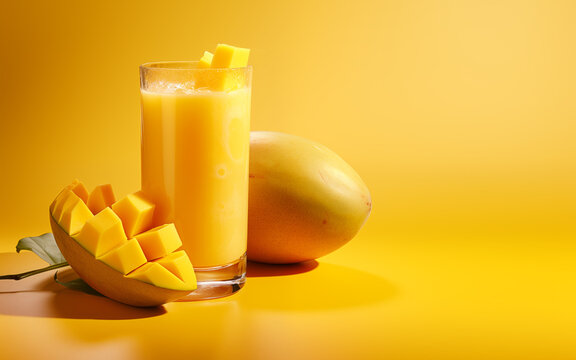 Ripe mango Fresh Juice set against a Yellow Background