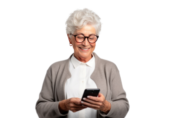 An elderly woman holding a phone isolated on transparent background.