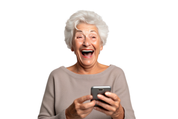An elderly woman holding a phone isolated on transparent background.