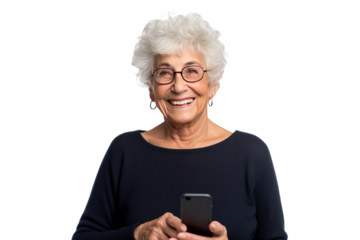 An elderly woman holding a phone isolated on transparent background.