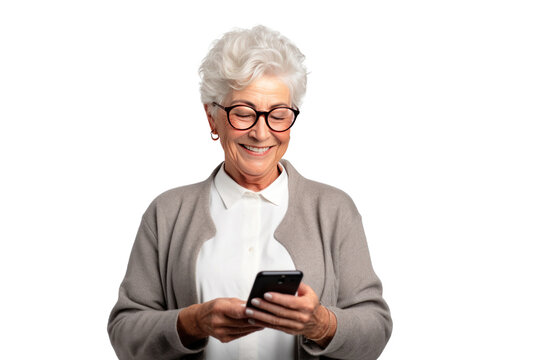 An Elderly Woman Holding A Phone Isolated On Transparent Background.