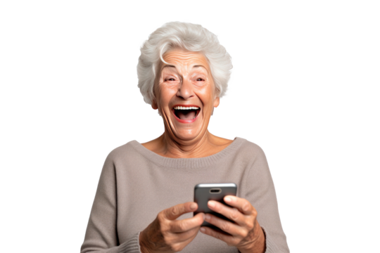 An elderly woman holding a phone isolated on transparent background.