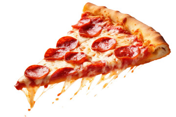 Delicious tasty slice of pepperoni pizza flying isolated on transparent background. - obrazy, fototapety, plakaty