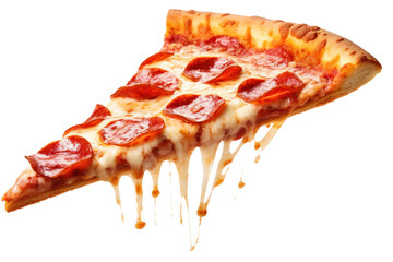 Delicious tasty slice of pepperoni pizza flying isolated on transparent background.
