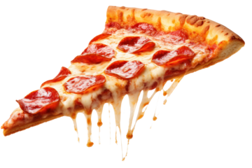 Delicious tasty slice of pepperoni pizza flying isolated on transparent background.
